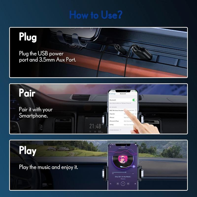 BK07 Bluetooth Car Kit, Wireless Receiver for Handsfree Talking and Music Streaming, Bluetooth Aux Adapter for Car and Home Audio