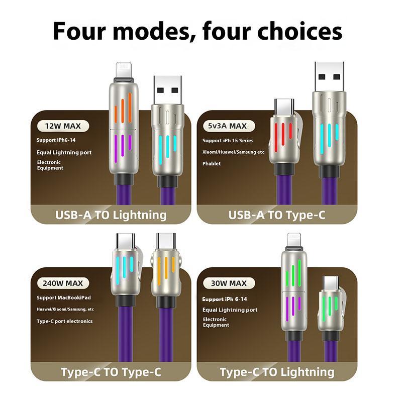 240W 4-in-1 USB C Cable, Multi Charger Cable with Breathing Light, PD 5A Multi Fast Charging & Data Sync Silicone Cable for iPhone Samsung Laptop