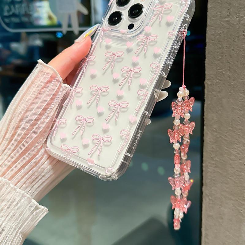 Bowknot Pattern Phone Case with Beaded Lanyard, Cute Phone Protective Cover for Samsung Galaxy, Phone Accessories for iPhone 11 12 13 14 15 16 Pro Max