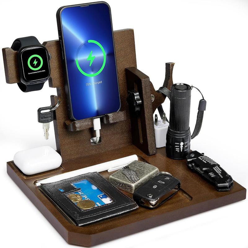 Phone Docking Station, Gifts for Men Nightstand Organizer Desk Organizer Beside Wallet Tray Watch Stand with  Rack, Anniversary Birthday Gifts for Dad Husband Boyfriend