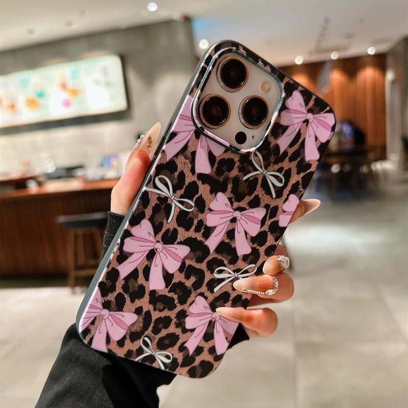 Fashion Bowknot & Leopard-pattern Phone Case, Shockproof Phone Protective Cover, Phone Accessory Compatible with iPhone 16 15 14 13 12 11 Plus Pro Pro Max