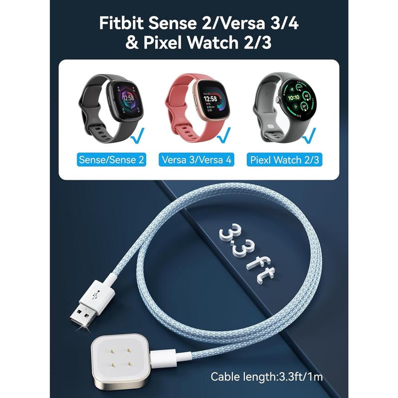 Charger Cable for Fitbit Sense Sense 2 Versa 3 4 & for Pixel Watch 2 3, Premium Braided USB C Detachable Charging Dock, Durable Replacement Magnetic Cord for Smartwatch, 3.3Ft 1M