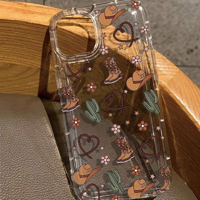 Cactus & Cowboy Hat Pattern Clear Phone Case, Western Style Decorative Phone Protector Cover, Phone Accessories Compatible with iPhone Series