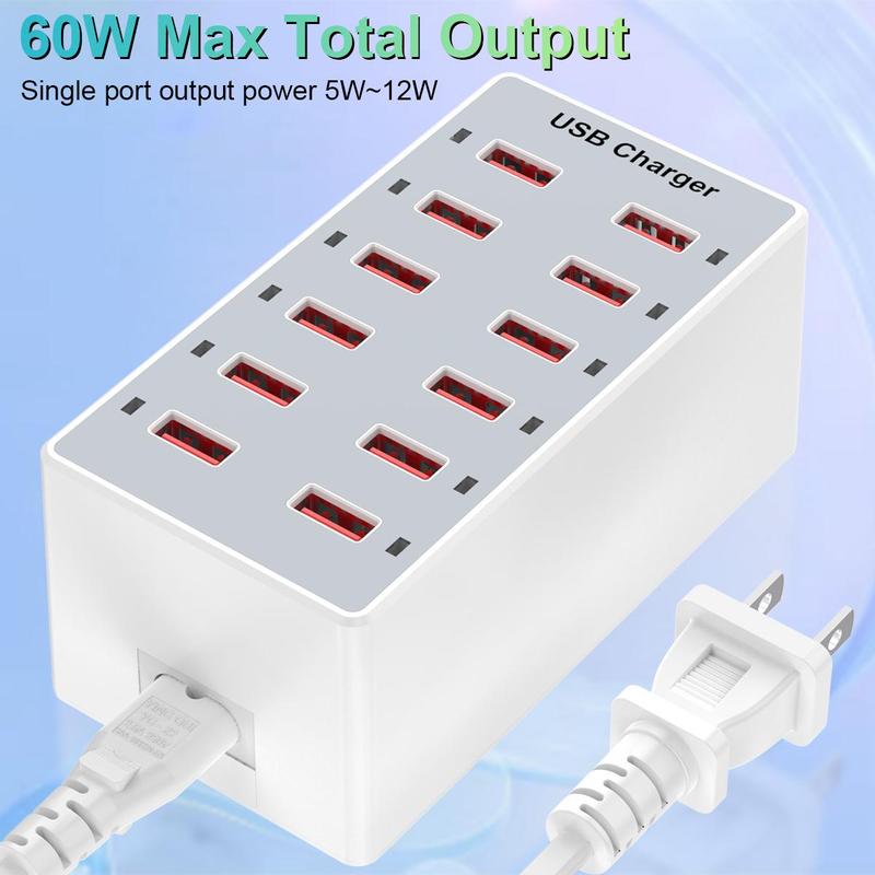 12-port USB Portable Charger, USB Fast Charging Station for Multiple Devices, USB Wall Charger, Power Hub Strip, Smart Charging Station for iPhone, iPad, Laptop