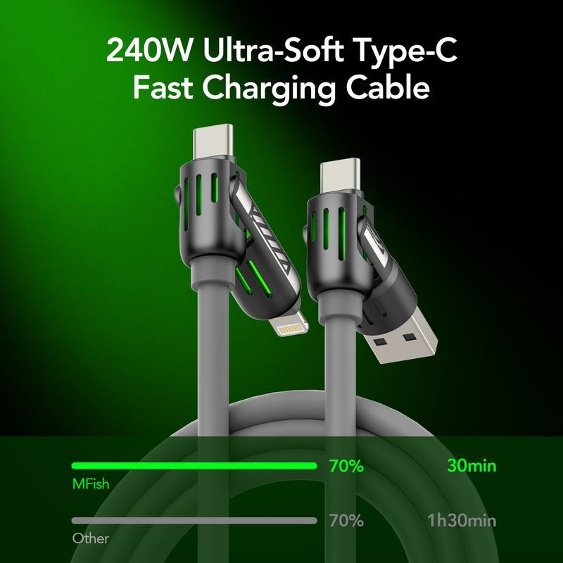 4-in-1 Multi USB Charging Cable with USB A,Type C, Lightning -MAX 240W Fast Charging & Data Sync for iPhone 16 15, iPad Pro, Samsung & Laptops