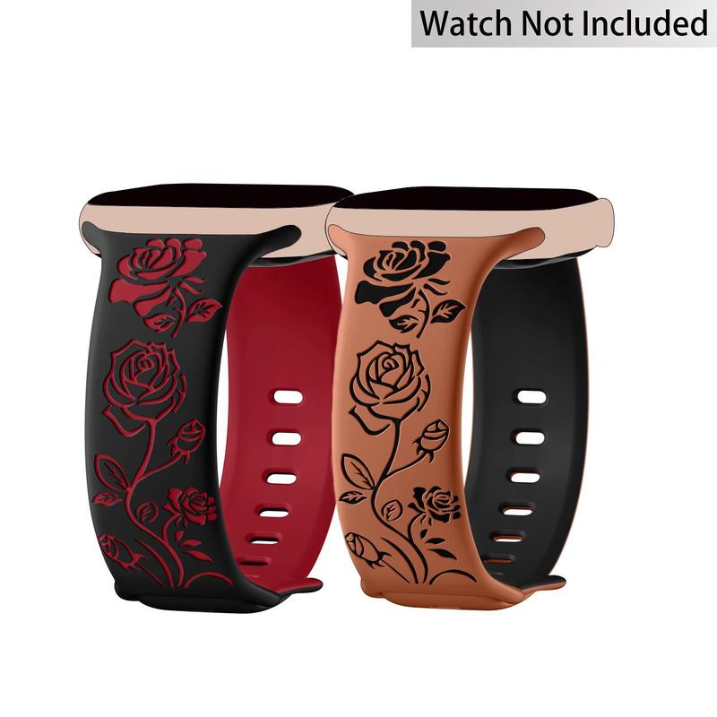 Floral Pattern Engraved Watch Band (Band Only), 2 Counts Cute Two Color Flower Soft Silicone Sport Watch Band for iWatch Series 9 8 7 6 5 4 3 2 1 SE Ultra 2, Smart Watch Accessories