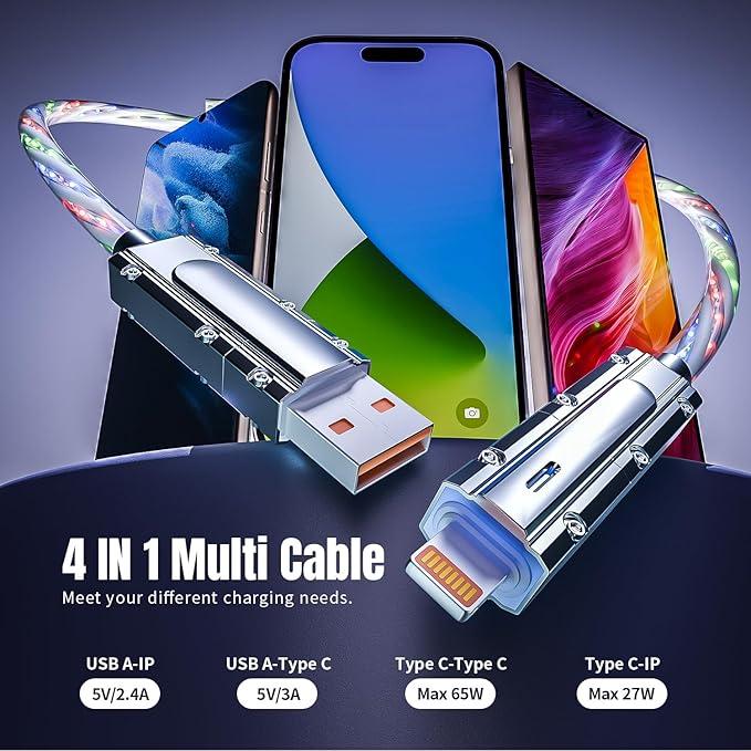 6.6FT 100W 4in1 Multi USB RGB LED Charging Cable with USB A,Type C, m fish Fast Charging Data for iPhone 16 15 14 13,iPad Pro,Samsung,letop，huawei,Android