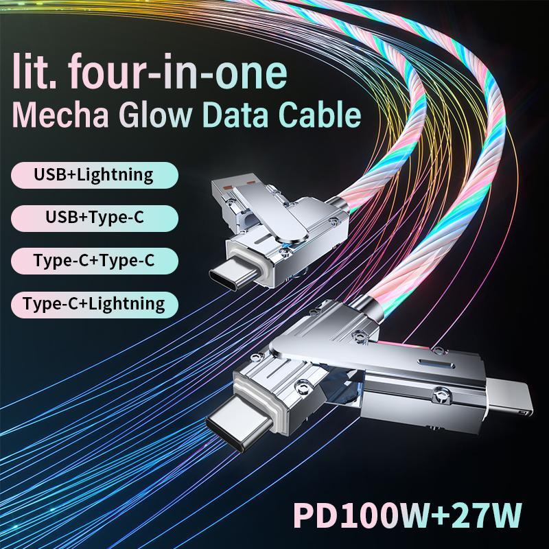 6.6FT 100W 4in1 Multi USB RGB LED Charging Cable with USB A,Type C, m fish Fast Charging Data for iPhone 16 15 14 13,iPad Pro,Samsung,letop，huawei,Android