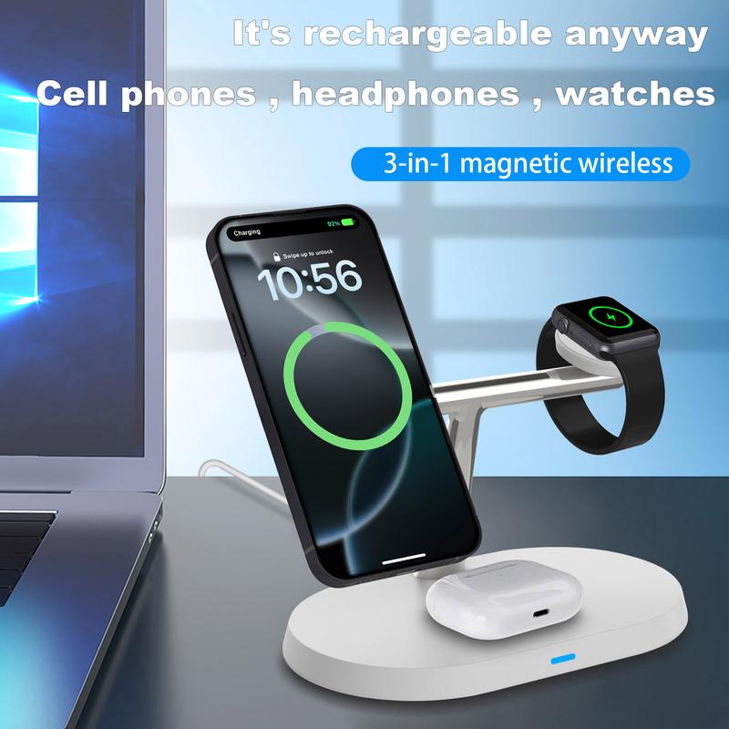 3 in 1 15W Magnetic Wireless Charger Stand Multifunctional Fast Charging Station for iPhone 16 15 14 13 12 Series & Apple Watch & AirPods