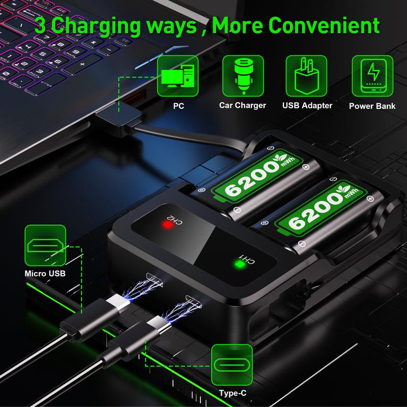 Ponkor 2×6200mWh Rechargeable Battery Pack for Xbox controller, Compatible with Xbox One, Xbox One X S Elite, Xbox One Series X S Controllers, High-Capacity, Fast Charging, Long-Lasting, Eco-Friendly Charging Station with Intelligent Protection