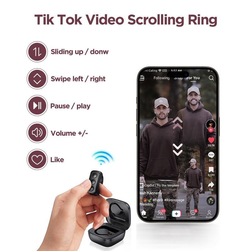 TikTok Remote Control Ring, Page Turner for Kindle App, Bluetooth Camera Video Recording Remote, Scrolling Ring for Tik Tok, iPhone, iPad, iOS, Android