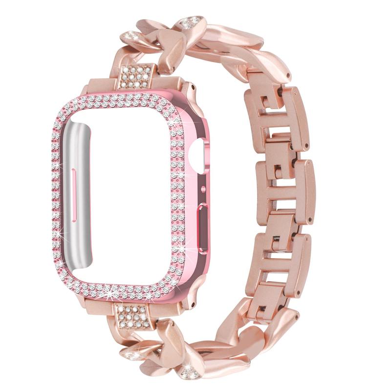 Artificial Rhinestone Decorated Case & Chain Watchband (Case & Band Only), Stainless Steel Sports Watch Band For Women, Fashionable Bling Watch Strap For iWatch Apple Watch Bands, Wearable Accessories for Apple Watch Band, Smart Wearable Devices