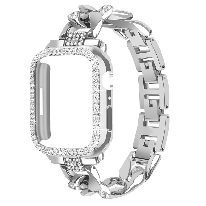 Artificial Rhinestone Decorated Case & Chain Watchband (Case & Band Only), Stainless Steel Sports Watch Band For Women, Fashionable Bling Watch Strap For iWatch Apple Watch Bands, Wearable Accessories for Apple Watch Band, Smart Wearable Devices