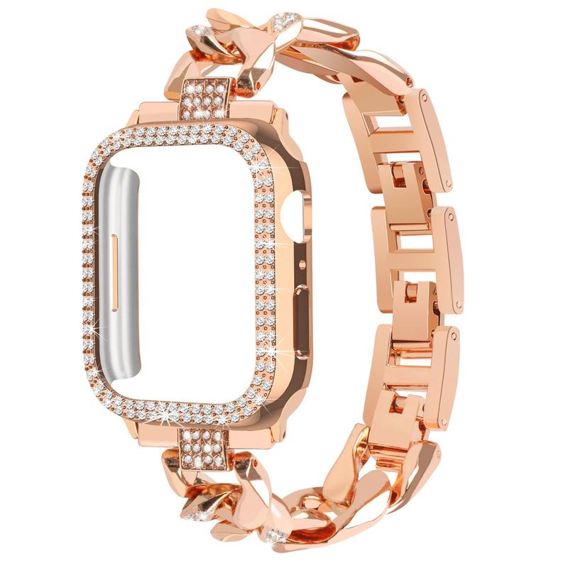 Artificial Rhinestone Decorated Case & Chain Watchband (Case & Band Only), Stainless Steel Sports Watch Band For Women, Fashionable Bling Watch Strap For iWatch Apple Watch Bands, Wearable Accessories for Apple Watch Band, Smart Wearable Devices