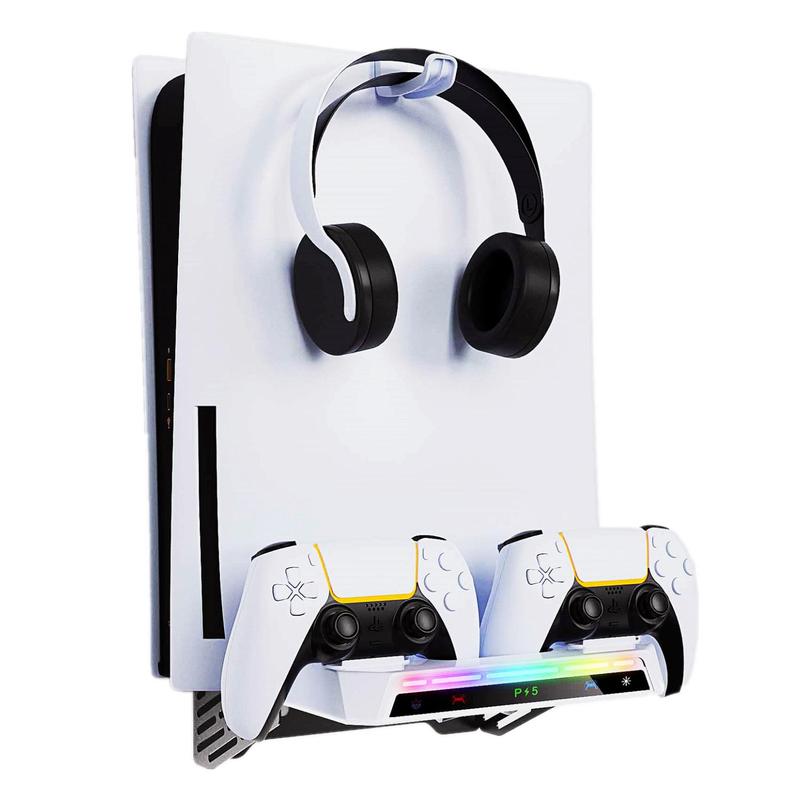 Wall Mount Kit for PS5 Slim with Charging Station, Dual Controller Chargers 9-Mode RGB Light Stand, Headphone Controller Storage