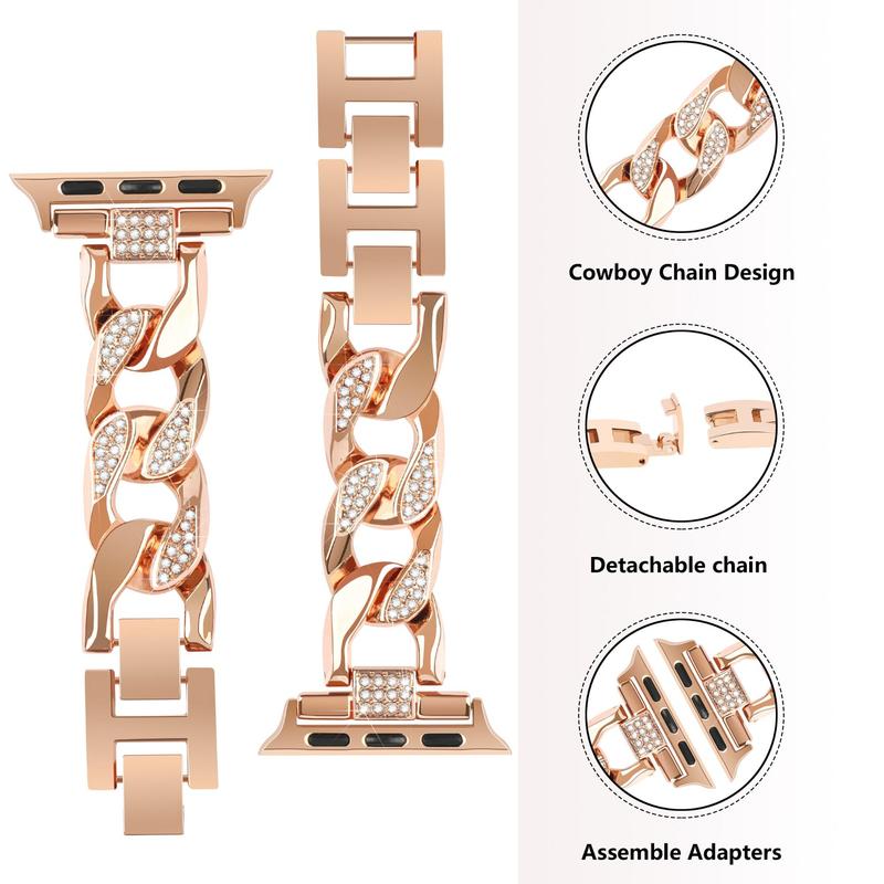 Artificial Rhinestone Decorated Case & Chain Watchband (Case & Band Only), Stainless Steel Sports Watch Band For Women, Fashionable Bling Watch Strap For iWatch Apple Watch Bands, Wearable Accessories for Apple Watch Band, Smart Wearable Devices