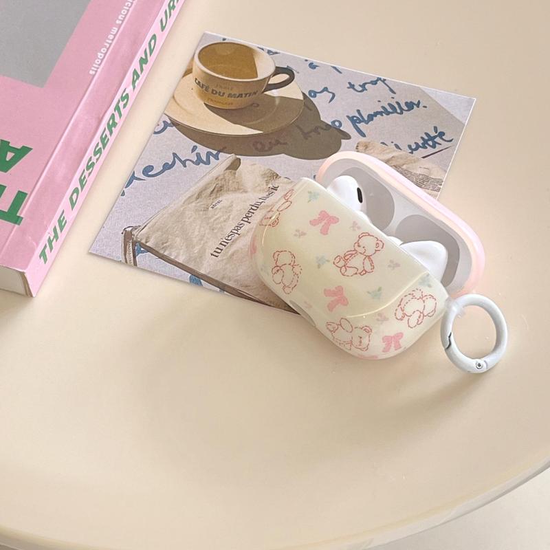 Cute Bear & Bowknot Pattern Earphone Case, Decorative Earphone Protector Cover, Earphone Protective Case Compatible with AirPods