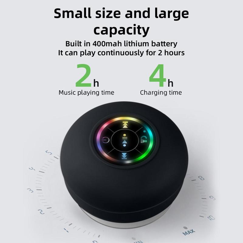 Mini Bluetooth Shower Speaker with LED light, Portable IPX4 Waterproof, Hands-Free Speakerphone, Rechargeable Using Micro USB, Wireless Stereo for Beach, Shower & Home