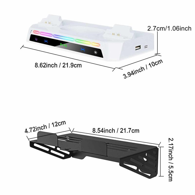 Wall Mount Kit for PS5 Slim with Charging Station, Dual Controller Chargers 9-Mode RGB Light Stand, Headphone Controller Storage