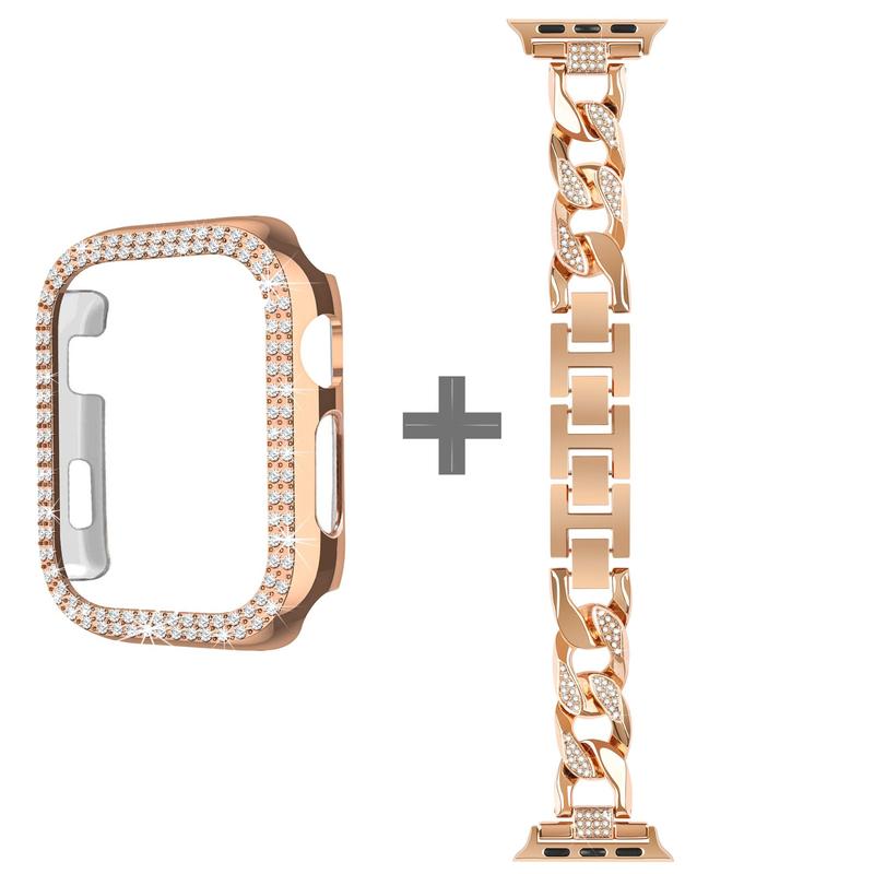 Artificial Rhinestone Decorated Case & Chain Watchband (Case & Band Only), Stainless Steel Sports Watch Band For Women, Fashionable Bling Watch Strap For iWatch Apple Watch Bands, Wearable Accessories for Apple Watch Band, Smart Wearable Devices