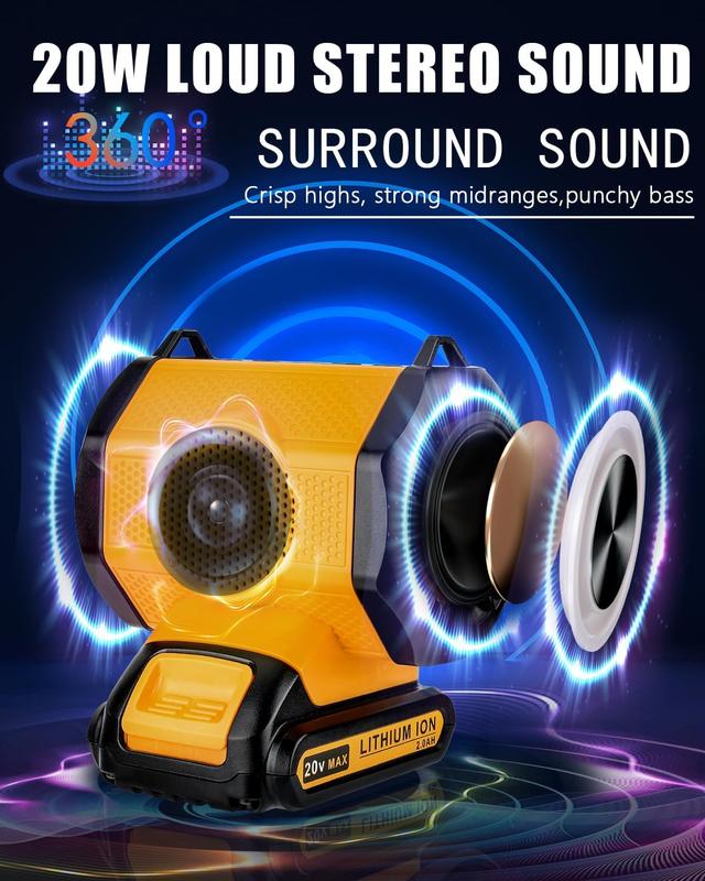 JYJZPB Cordless Portable Speaker Compatible for DeWalt 20V Battery Wireless Speaker, Portable Wireless Speaker fit for DeWalt 20V-60V Battery for Outdoor Job and Festival Party