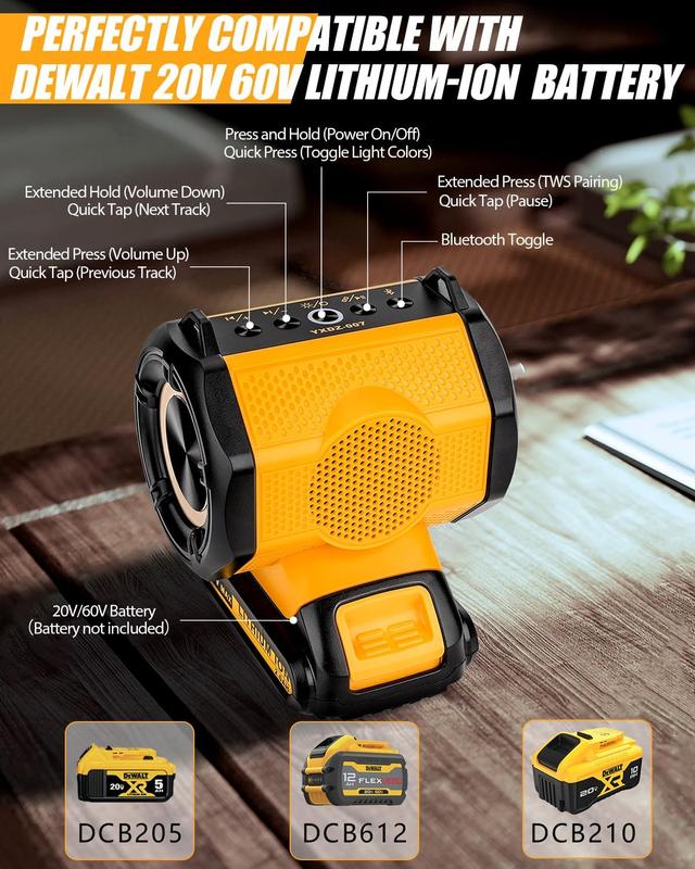 JYJZPB Cordless Portable Speaker Compatible for DeWalt 20V Battery Wireless Speaker, Portable Wireless Speaker fit for DeWalt 20V-60V Battery for Outdoor Job and Festival Party