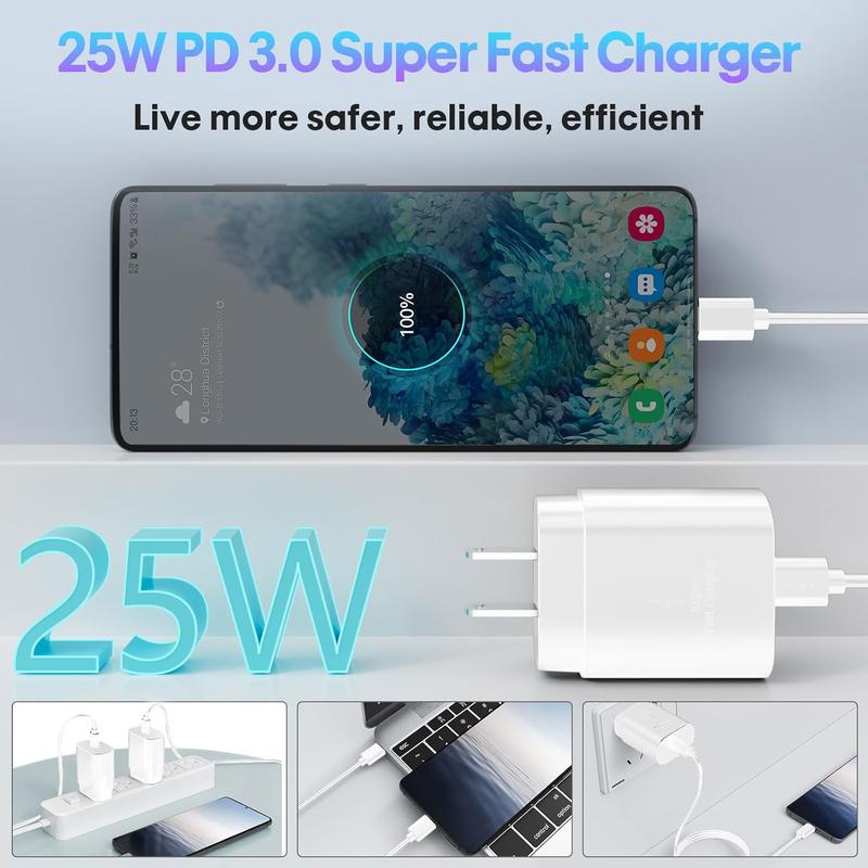 Super Fast Type C Charger, 2-Pack 25W Type C Charger Fast Charging Block with USB C Charger Cable Compatible with Samsung Galaxy S24 Ultra S23 S22 S21 S20 iPhone 15 15 Plus 15 Pro 15 Pro Max (White)