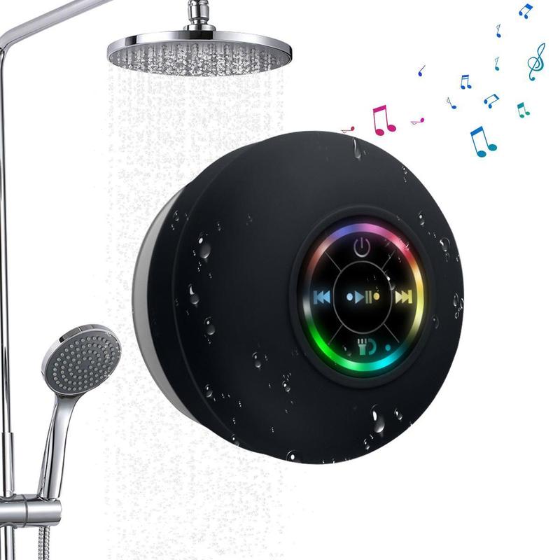 Mini Bluetooth Shower Speaker with LED light, Portable IPX4 Waterproof, Hands-Free Speakerphone, Rechargeable Using Micro USB, Wireless Stereo for Beach, Shower & Home