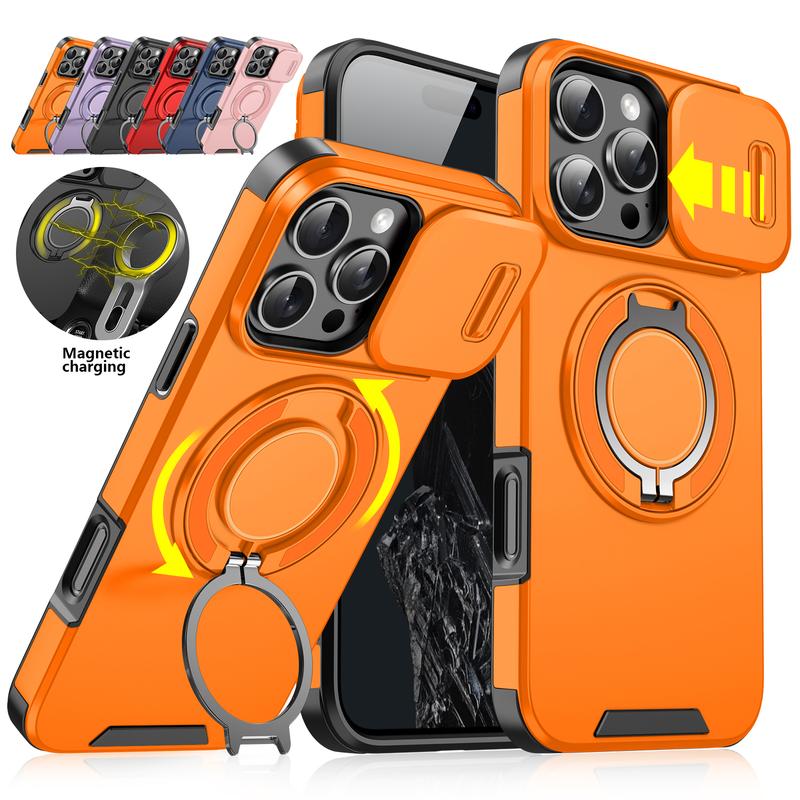 For iPhone 16 15 14 13 12 Pro Max with Slide Camera Case, 360 Rotated Ring Kickstand Holder Military Grade Shockproof Protective Cover