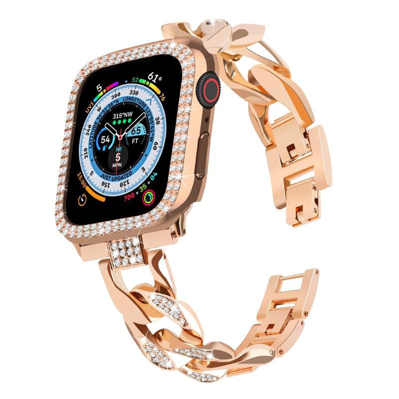 Artificial Rhinestone Decorated Case & Chain Watchband (Case & Band Only), Stainless Steel Sports Watch Band For Women, Fashionable Bling Watch Strap For iWatch Apple Watch Bands, Wearable Accessories for Apple Watch Band, Smart Wearable Devices