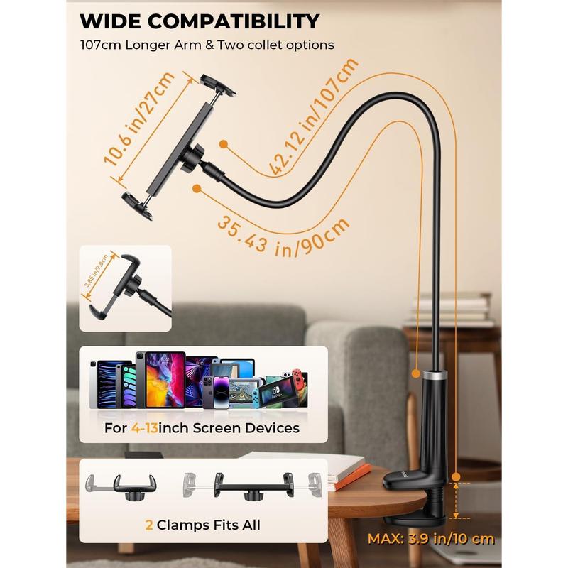 Gooseneck Phone Holder Tablet Stand for Bed:[Swivel Base] Adjustable Flexible Lazy Arm with 2 Clips Phone Tablet Holder Mount Compatible iPad Pro Air Mini | Kindle |  or Other 4-12.9