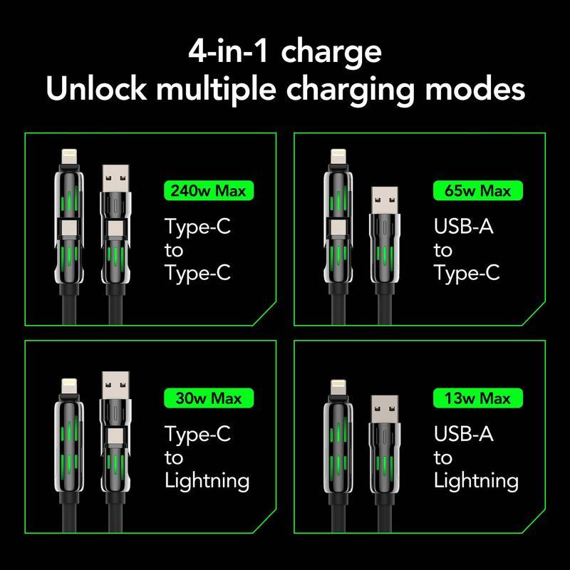 4-in-1 Coiled Universal USB Charger Cable ️-240W Fast Charging & Data Sync for iPhone 16 15, iPad Pro, Samsung & Laptops Smartphone Cellphone alarm clock Electronic Electronic