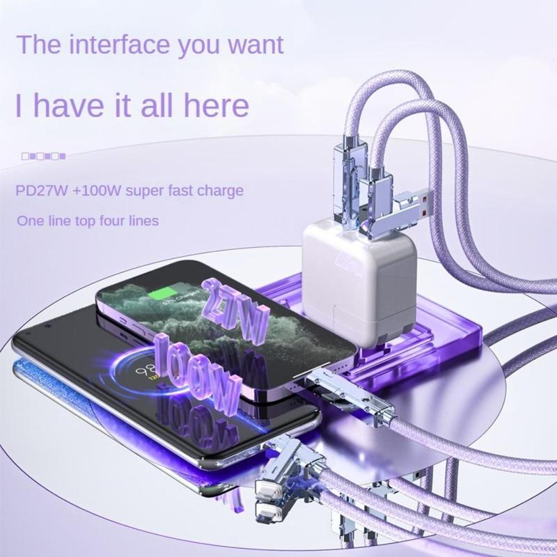 4 in 1 Multi-function Data Cable, PD 27W + 100W Fast Charging Type-C USB Data Cable, Phone Accessories for iPhone & Android