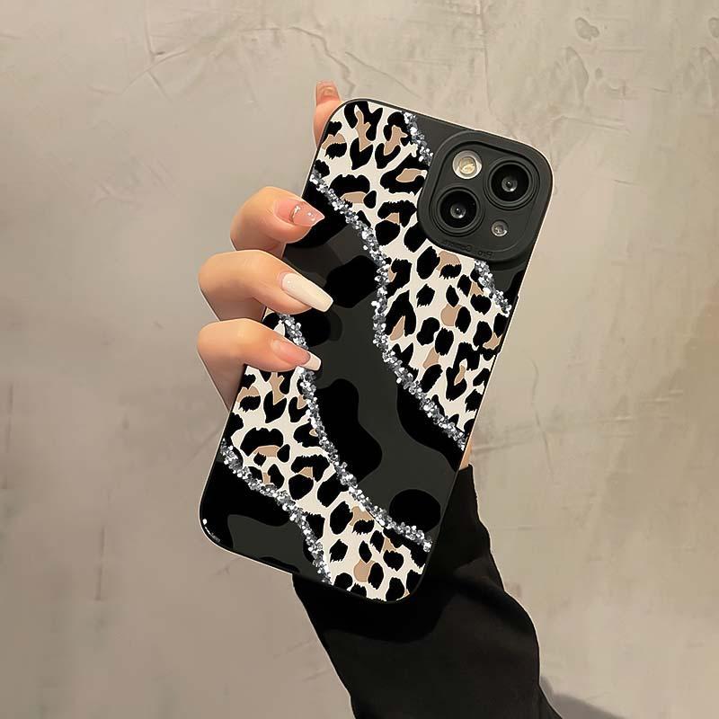 Fashion Leopard-print Pattern Phone Case, Rhinestone Decor Phone Protective Cover, Phone Accessory Compatible with iPhone 16 15 14 13 12 11 Plus Pro Pro Max