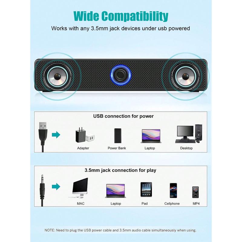 Computer Speaker, Stereo & Noiseless Soundbar For PC, Desktop, Laptop, Tablet, Pad, CD Player, USB Powered