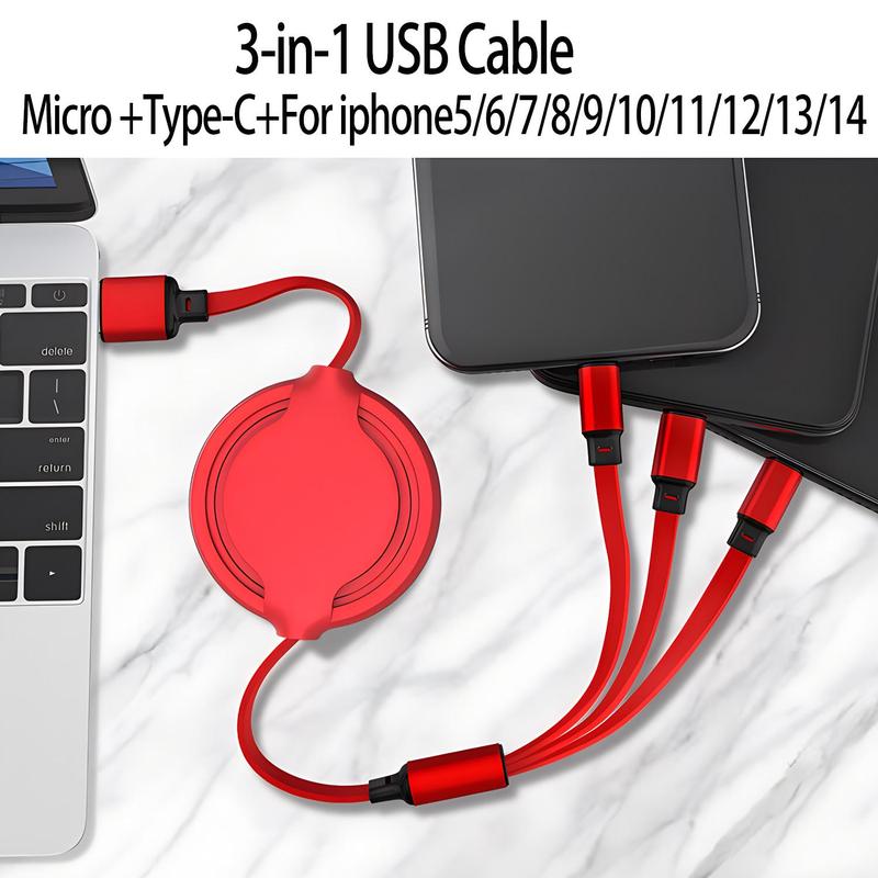 3 in 1 Telescopic Cable, 120W Fast Charging USB Cable, Retractable Design Fast Charging Data Cable for iPhone & Android Mobile Phones