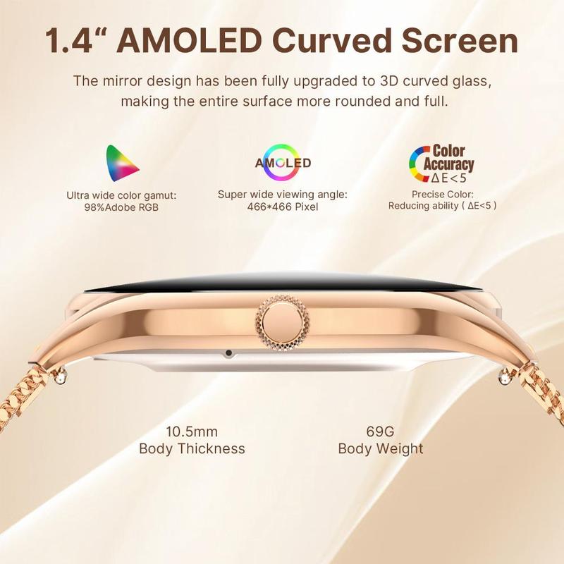 1.4-Inch AMOLED Curved Screen Smart Watch, Fashion Digital Watch with Replacement Band, Sports Fitness Watch with Multifunction for iOS & Android Phone