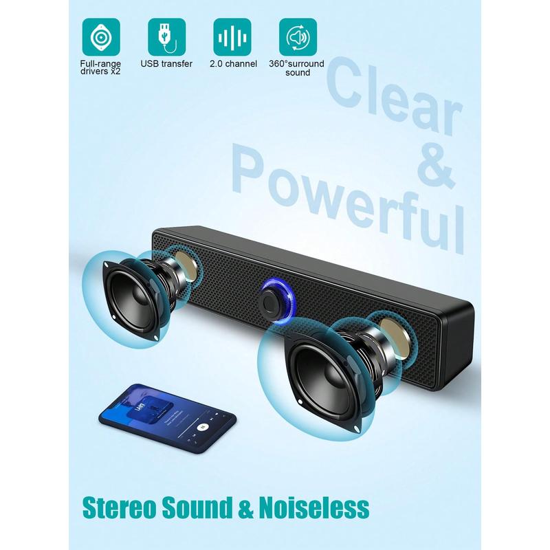 Computer Speaker, Stereo & Noiseless Soundbar For PC, Desktop, Laptop, Tablet, Pad, CD Player, USB Powered