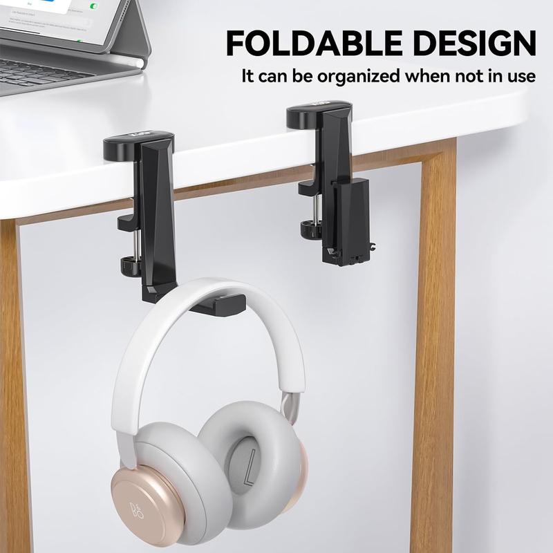 Foldable Headphone Hanger, Rotatable Under Desk Headset Stand Holder, Gaming Headphone Hook Mount Clamp with Universal Fit for PC Gaming Accessories, Built in  Clip Organizer