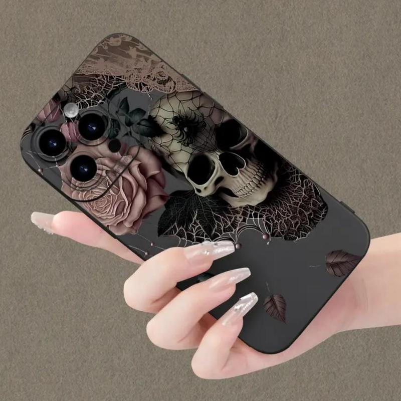 Skull & Flower Pattern Phone Case, Full Coverage Lens Phone Protective Cover, Phone Accessories Compatible with iPhone 11 12 13 14 15 Pro Max, Boyfriend Gift