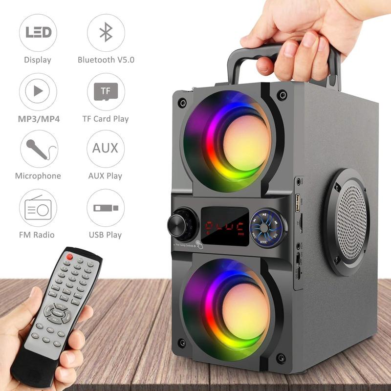 Speaker, 40W (60W ) Portable  Speaker with Colorful Lights, Double Subwoofer Heavy Bass, FM Radio, MP3 Player, Loud Stereo Speaker for Home Outdoor Party Camping