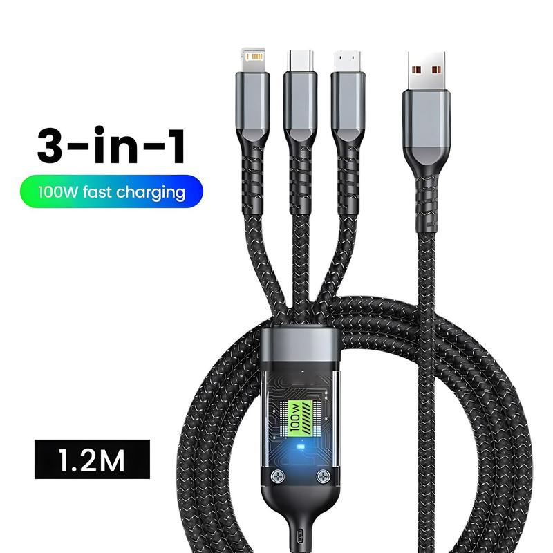 3-in-1 100W Phone Charging Cable, USB to Type-C Fast Charger Cable, Mobile Phone Charger Cable for iPhone 15 14 Samsung Xiaomi Huawei