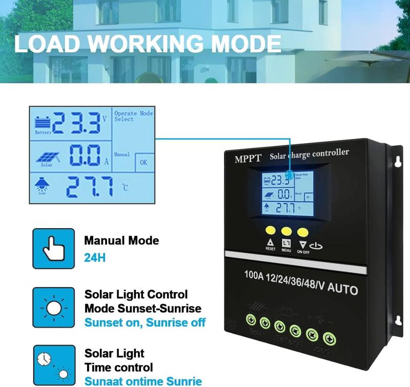 100A MPPT Solar Charge Controller 12V 24V 36V 48V LCD Display Battery Intelligent Regulator Max 100V Input Dual USB for Lead-Acid Lithium