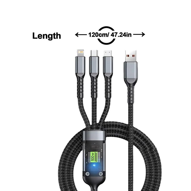 3-in-1 100W Phone Charging Cable, USB to Type-C Fast Charger Cable, Mobile Phone Charger Cable for iPhone 15 14 Samsung Xiaomi Huawei