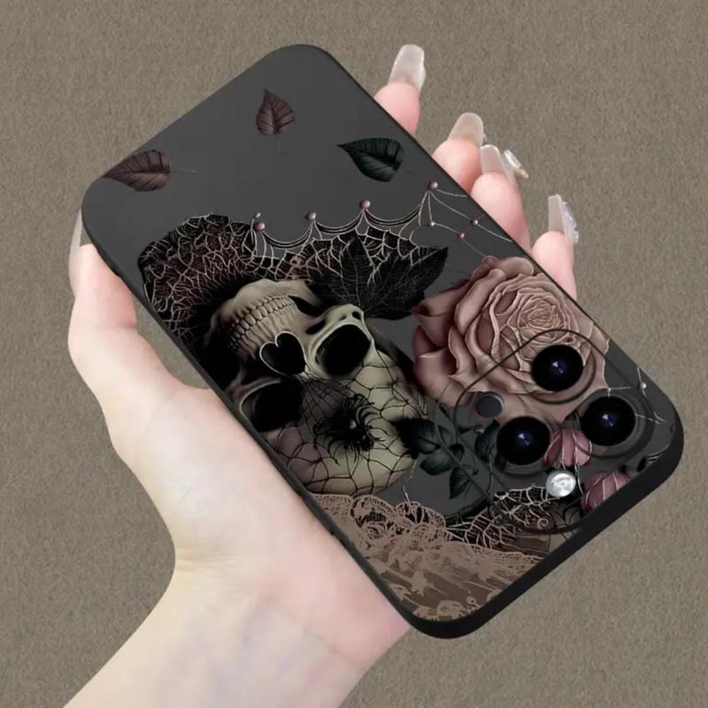 Skull & Flower Pattern Phone Case, Full Coverage Lens Phone Protective Cover, Phone Accessories Compatible with iPhone 11 12 13 14 15 Pro Max, Boyfriend Gift