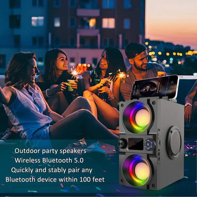 Speaker, 40W (60W ) Portable  Speaker with Colorful Lights, Double Subwoofer Heavy Bass, FM Radio, MP3 Player, Loud Stereo Speaker for Home Outdoor Party Camping