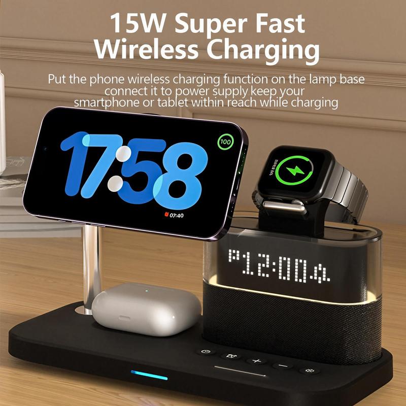 5 in 1 Wireless Charger, Multifunctional Wireless Charging Station with Ambient Light & Clock Function, Fast Charging Station Compatible with iPhone & Apple Watch & AirPods