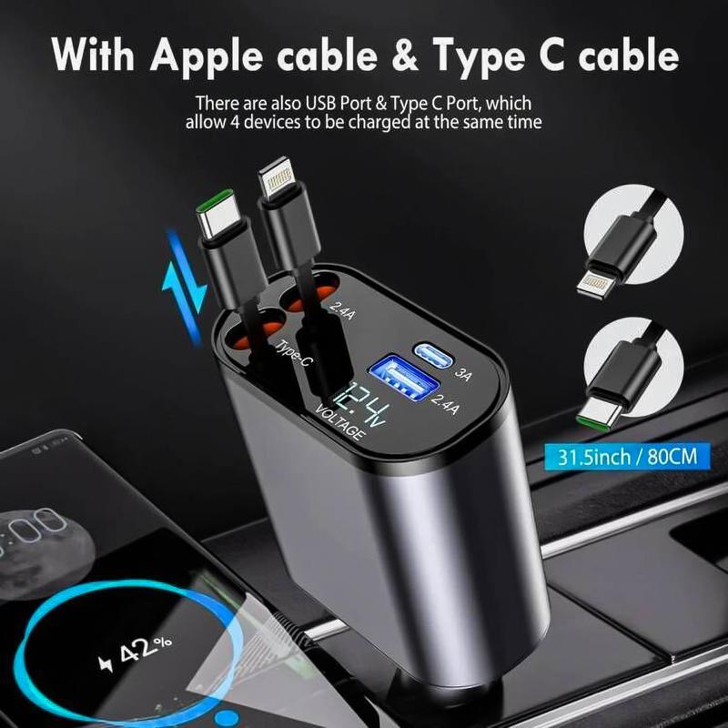 4 in 1 Retractable Car Charger, USB C Fast Charging Adapter[Max100W] with Lightning Cable&Dual Charge Port Compatible with iPhone 15 14 13 Pro Max Plus iPad AirPods,Samsung Galaxy S23 S22 S10,Google Smartphone Electronic Devices Adjustable