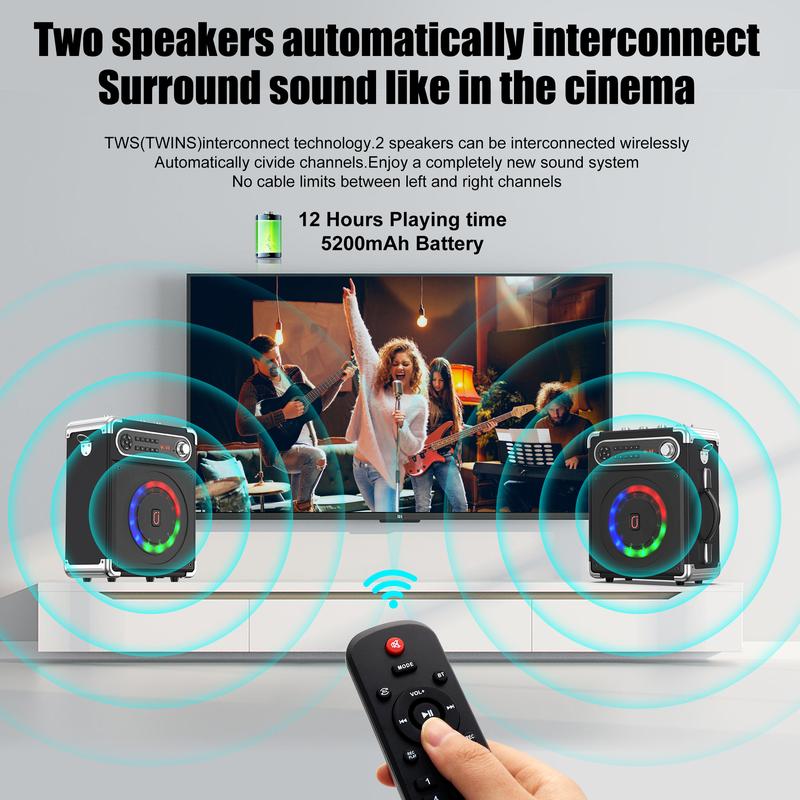 JYX S55 Karaoke Machine with Two Wireless Microphones, Portable Bluetooth Speaker with Bass Treble Adjustment, PA System with Remote Control, LED Lights,Supports TF Card USB, AUX IN, FM, REC,TWS for Party