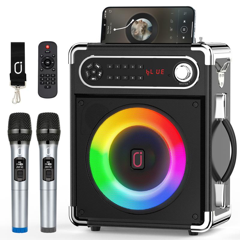 JYX S55 Karaoke Machine with Two Wireless Microphones, Portable Bluetooth Speaker with Bass Treble Adjustment, PA System with Remote Control, LED Lights,Supports TF Card USB, AUX IN, FM, REC,TWS for Party